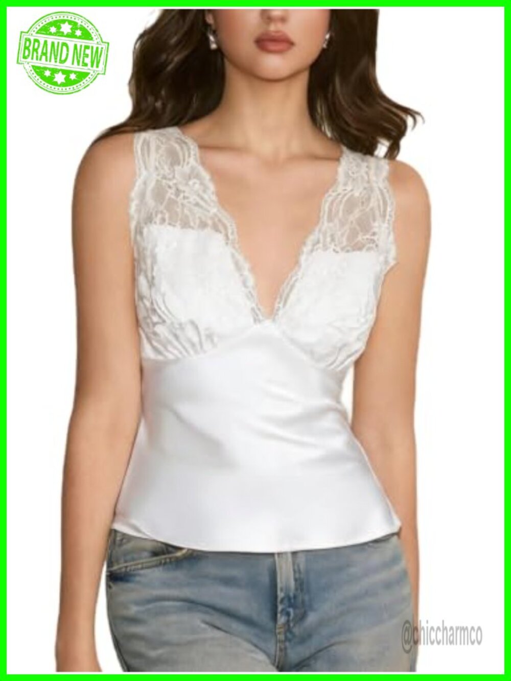 Lace Mesh Satin Tank Top Sleeveless V-Neck Slim Fit Camisole